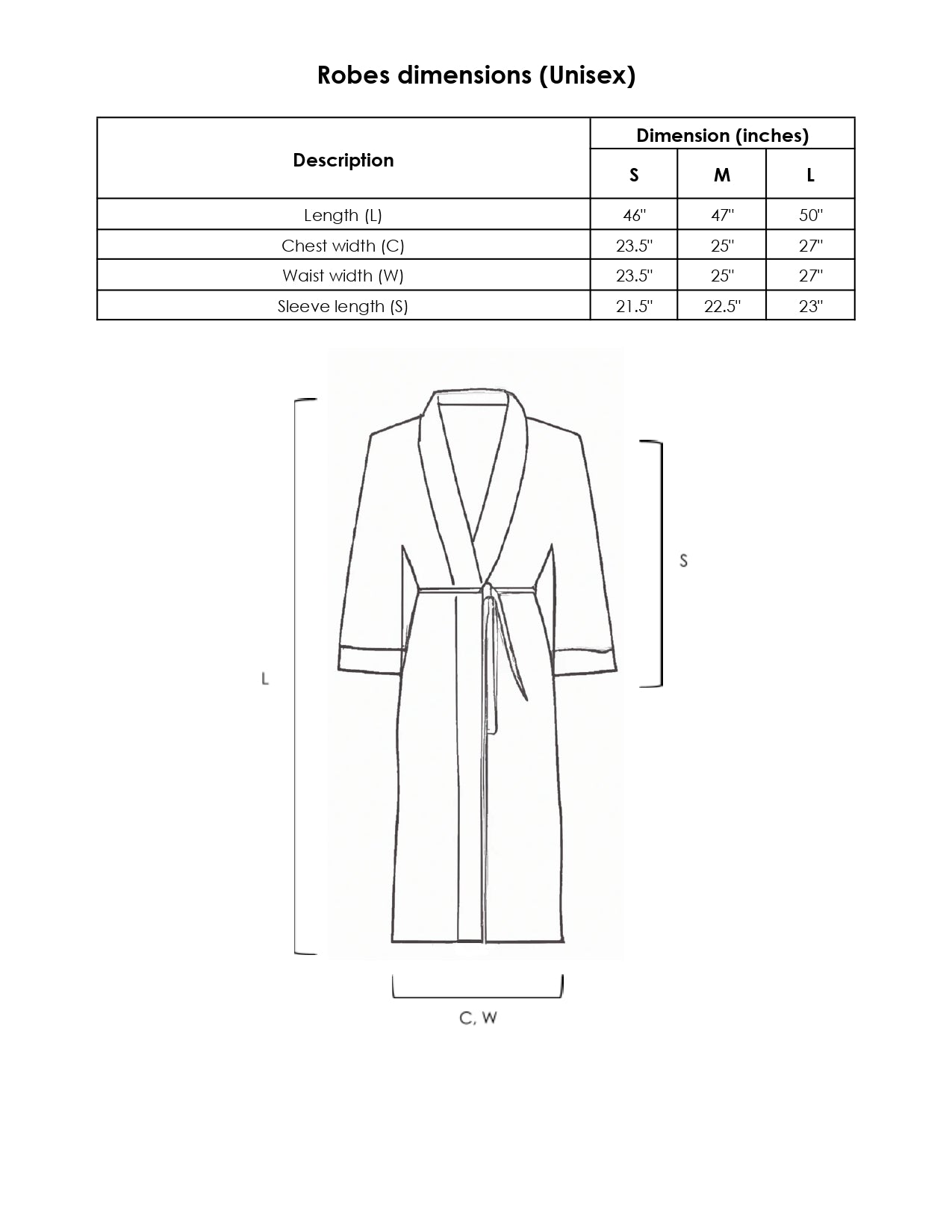 Measurement chart for robes with a robe illustration and dimensions.