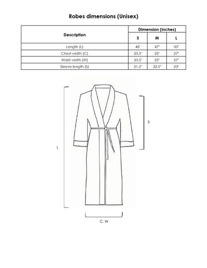 Measurement chart for robes with a robe illustration and dimensions.